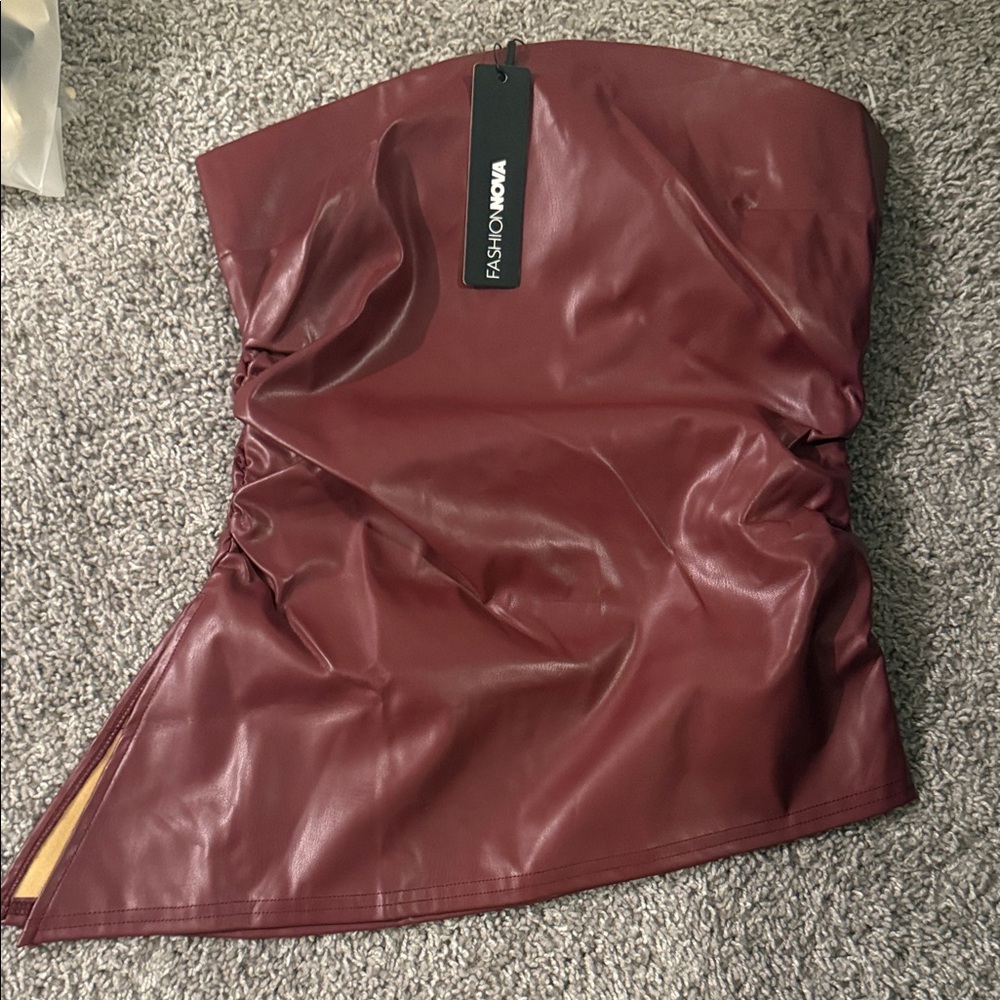 NWT - Fashion Nova Maroon Faux Leather Strapless Top